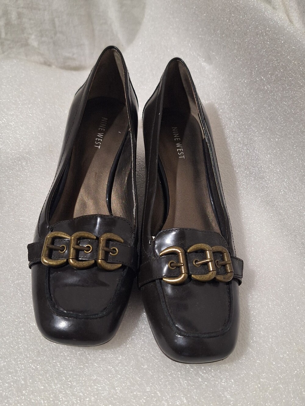 Nine West Black Patent Loafers with Gold Chain Accent